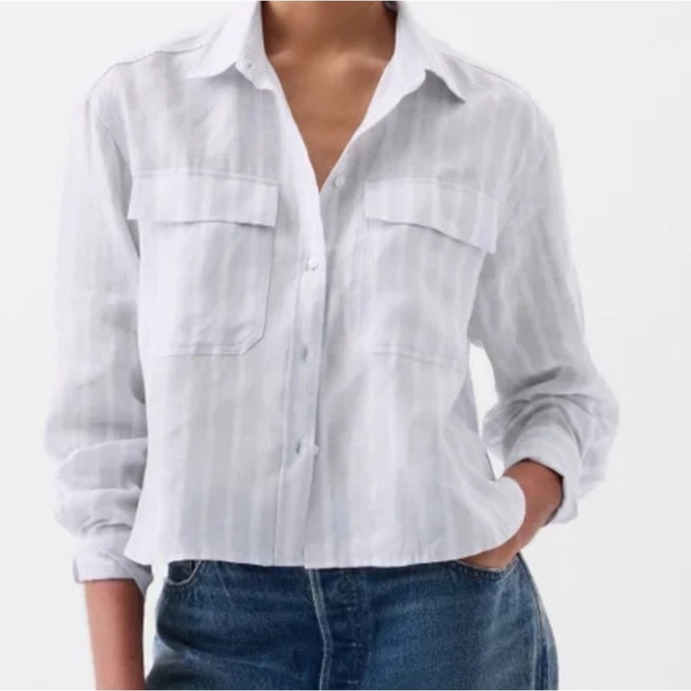 🏷️🧡🔥GAP - Blue & White Striped 100% Linen Cropped Buttondown - XL